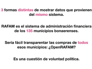 3 formas distintas de mostrar datos que provienen
del mismo sistema.
RAFAM es el sistema de administración ﬁnanciera
de los 135 municipios bonaerenses.
Sería fácil transparentar las compras de todos
esos municipios: ¿OpenRAFAM?
Es una cuestión de voluntad política.
 