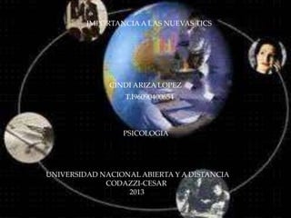 IMPORTANCIA A LAS NUEVAS TICS

CINDI ARIZA LOPEZ
T.I96090400654

PSICOLOGIA

UNIVERSIDAD NACIONAL ABIERTA Y A DISTANCIA
CODAZZI-CESAR
2013

 