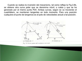 Cuando se realiza la inversión del mecanismo, tal como refleja la Fig.3.9b,
se obtiene otra curva polar que se denomina móvil, o ruleta y que se ha
generado por el mismo punto P24. Ambas curvas, según se va moviendo el
cuadrilátero, se mantienen tangentes en todo momento. Para una posición
cualquiera el punto de tangencia es el polo de velocidades actual a tal posición.

 