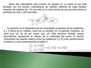 Estas dos velocidades sólo pueden ser iguales en un punto Q que esté
alineado con los centros instantáneos de rotación relativos de cada eslabón
respecto del eslabón fijo. Ya que esta es la única forma de que las direcciones (y
sentidos) de vQ2 y vQ3 coincidan.

La posición de Q dependerá de las velocidades angulares de los eslabones
2 y 3 (tanto de su módulo, como de su sentido). En el ejemplo mostrado, es
claro que ω2 ha de ser mayor que ω3. Este teorema también puede
demostrarse planteando el cálculo de la velocidad del punto Q (centro
instantáneo de rotación relativo entre los eslabones 2 y 3) como perteneciente
al sólido 2 y como perteneciente al sólido 3:

 