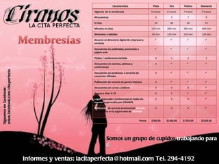 Informes y ventas: lacitaperfecta@hotmail.com Tel. 294-4192 Somos un grupo de cupidos  trabajando para ti Síguenos en facebook: www.facebook.com/cita.perfecta Característica Plata Oro Platino Diamante Vigencia  de la membresía 6 meses 6 meses 7 meses 9 meses #Encuentros 3 5 7 9 # Citas 24 40 56 72 Minutos en citas 120 min 200 min 280 min 360 min Alimentos y bebidas  40 min 120 min 120 min 120 min Anuncio en directorio digital de empresas y servicios Descuentos en publicidad, promoción y página web Platica / conferencia incluida X 1 2 2 Descuentos en eventos, platicas y conferencias X Descuentos en productos y servicios de comercios afiliados X Publicación de anuncio en gaceta impresa X Descuentos en cursos y talleres X X X Acceso a citas V.I.P X X Lugar  reservado y preferencial en todos los  eventos  organizados por CIRANOS X X X Publicación  de anuncio promocional  durante  una semana en la pagina web de  CIRANOS X X X Precio $780.00 $1300.00 $1750.00 $2100.00 