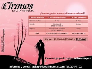 Informes y ventas: lacitaperfecta@hotmail.com Tel. 294-4192 Somos un grupo de cupidos  trabajando para ti Síguenos en facebook: www.facebook.com/cita.perfecta Ahorro: $2,880.00-$350.00 =  $2,530.00 