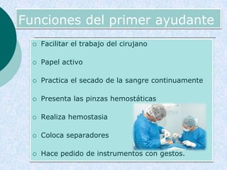 EQUIPO OPERATORIOPersonas ejecutoras de la intervención quirúrgicaRevestidas asépticamenteCompuesto por:CirujanoPrimer ayudante Segundo ayudanteTercer ayudanteInstrumentadora