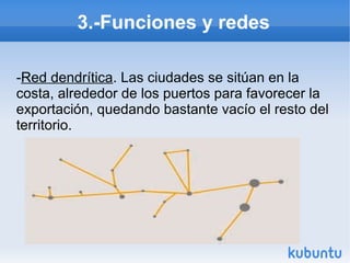 3.-Funciones y redes
-Red dendrítica. Las ciudades se sitúan en la
costa, alrededor de los puertos para favorecer la
exportación, quedando bastante vacío el resto del
territorio.

 