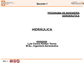 2023 – I
Sección 1
HIDRÁULICA
PROGRAMA DE INGENIERÍA
AERONÁUTICA
PROFESOR:
Luis Carlos Roldan Torres
M.Sc., Ingeniería Aeronáutica
 