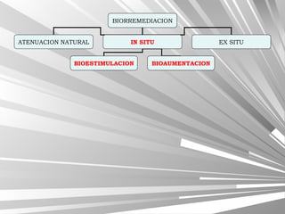 BIORREMEDIACION
ATENUACION NATURAL IN SITU EX SITU
BIOESTIMULACION BIOAUMENTACION
 