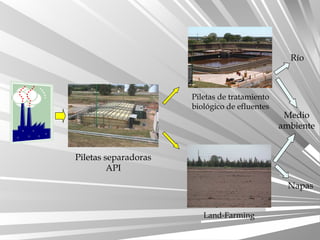 Piletas separadoras
API
Piletas de tratamiento
biológico de efluentes
Land-Farming
Río
Medio
ambiente
Napas
 