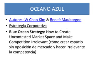 OCEANO AZUL
• Autores: W Chan Kim & Reneé Mauborgne
• Estrategia Corporativa
• Blue Ocean Strategy: How to Create
Uncontested Market Space and Make
Competition Irrelevant (cómo crear espacio
sin oposición de mercado y hacer irrelevante
la competencia)
 