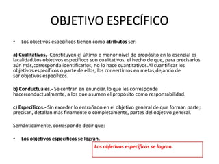 OBJETIVO ESPECÍFICO
• Los objetivos específicos tienen como atributos ser:
a) Cualitativos.- Constituyen el último o menor nivel de propósito en lo esencial es
lacalidad.Los objetivos específicos son cualitativos, el hecho de que, para precisarlos
aún más,corresponda identificarlos, no lo hace cuantitativos.Al cuantificar los
objetivos específicos o parte de ellos, los convertimos en metas;dejando de
ser objetivos específicos.
b) Conductuales.- Se centran en enunciar, lo que les corresponde
hacerconductualmente, a los que asumen el propósito como responsabilidad.
c) Específicos.- Sin exceder lo entrañado en el objetivo general de que forman parte;
precisan, detallan más finamente o completamente, partes del objetivo general.
Semánticamente, corresponde decir que:
• Los objetivos específicos se logran.
Los objetivos específicos se logran.
 