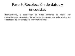 Fase 9. Recolección de datos y
encuestas
Habitualmente, la recolección de datos primarios se realiza por
entrevistadores entrenados. Sin embargo se entrega una guía practica de
elaboración de encuestas para coordinar acciones.
 