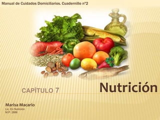 Manual de Cuidados Domiciliarios. Cuadernillo nº2 
CAPÍTULO 7 Nutrición 
Marisa Macario 
Lic. En Nutrición 
M.P: 2886 
 