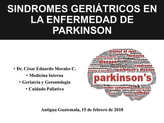 • Dr. César Eduardo Morales C.
• Medicina Interna
• Geriatría y Gerontología
• Cuidado Paliativo
SINDROMES GERIÁTRICOS EN
LA ENFERMEDAD DE
PARKINSON
Antigua Guatemala, 15 de febrero de 2018
 