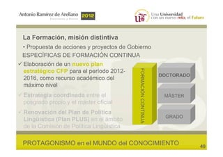 La Formación, misión distintiva
• Propuesta de acciones y proyectos de Gobierno
ESPECÍFICAS DE FORMACIÓN CONTINUA
Elaborac...
