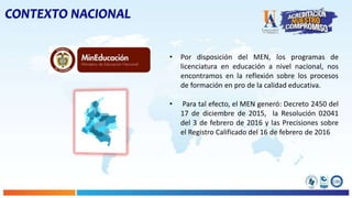 CONTEXTO NACIONAL
• Por disposición del MEN, los programas de
licenciatura en educación a nivel nacional, nos
encontramos en la reflexión sobre los procesos
de formación en pro de la calidad educativa.
• Para tal efecto, el MEN generó: Decreto 2450 del
17 de diciembre de 2015, la Resolución 02041
del 3 de febrero de 2016 y las Precisiones sobre
el Registro Calificado del 16 de febrero de 2016
 