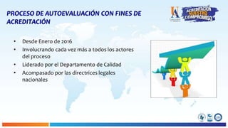 PROCESO DE AUTOEVALUACIÓN CON FINES DE
ACREDITACIÓN
• Desde Enero de 2016
• Involucrando cada vez más a todos los actores
del proceso
• Liderado por el Departamento de Calidad
• Acompasado por las directrices legales
nacionales
 