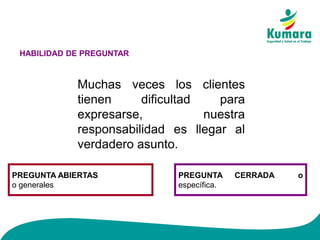 HABILIDAD DE PREGUNTAR
Muchas veces los clientes
tienen dificultad para
expresarse, nuestra
responsabilidad es llegar al
verdadero asunto.
PREGUNTA ABIERTAS
o generales
PREGUNTA CERRADA o
específica.
 