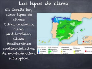 Los tipos de clima
En España hay
cinco tipos de
climas
Clima oceánico,
clima
Mediterráneo,
Clima
Mediterráneo
continental,clima
de montaña,clima
subtropical
 