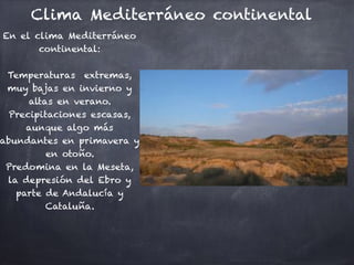 Clima Mediterráneo continental
En el clima Mediterráneo
continental:

Temperaturas extremas,
muy bajas en invierno y
altas en verano.
Precipitaciones escasas,
aunque algo más
abundantes en primavera y
en otoño.
Predomina en la Meseta,
la depresión del Ebro y
parte de Andalucía y
Cataluña.


 