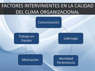 FACTORES INTERVINIENTES EN LA CALIDAD
DEL CLIMA ORGANIZACIONAL
Comunicación
Liderazgo
Identidad
Pertenencia
Motivación
Trabajo en
Equipo
 