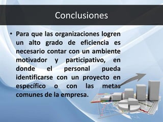 Conclusiones
• Para que las organizaciones logren
un alto grado de eficiencia es
necesario contar con un ambiente
motivador y participativo, en
donde el personal pueda
identificarse con un proyecto en
específico o con las metas
comunes de la empresa.
 