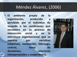 Méndez Álvarez, (2006)
• El ambiente propio de la
organización, producido y
percibido por el individuo de
acuerdo a las condiciones que
encuentra en su proceso de
interacción social y en la
estructura organizacional que se
expresa por variables
(objetivos, motivación, liderazgo,
control, toma de
decisiones, relaciones
interpersonales y cooperación).
 
