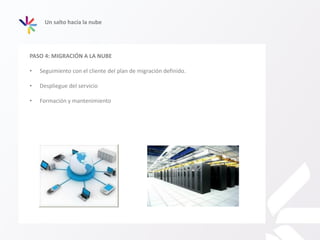 Un salto hacia la nube
PASO 4: MIGRACIÓN A LA NUBE
• Seguimiento con el cliente del plan de migración definido.
• Despliegue del servicio
• Formación y mantenimiento
 
