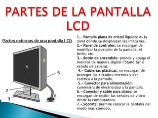 1.- Pantalla plana de cristal líquido: es la
zona dónde se despliegan las imágenes.
2.- Panel de controles: se encargan de
modificar la posición de la pantalla, el
brillo, etc.
3.- Botón de encendido: prende y apaga el
monitor de manera digital ("Stand by" ó
estado de espera).
4.- Cubiertas plásticas: se encargan de
proteger los circuitos internos y dar
estética a la pantalla.
5.- Conector para alimentación:
suministra de electricidad a la pantalla.
6.- Conector y cable para datos: se
encargan de recibir las señales de video
desde la computadora.
7.- Soporte: permite colocar la pantalla del
modo mas cómodo.

 