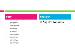 Noelia Ferreiro Vieito Ainhoa Torreira Braña Gemma Capeáns García Francisco Esparís Gerpe Victoria Barbeira Hayes Mario Lens García Kevin Sueiro Oroña Elier Gorgal Cuns Coraima Cuns Lois Denis Fernández Ramos Adrián Muiño Gómez Alberto Antelo Vieito Brais Rial Pérez Martín Cantorna Rieiro Rubén Salvande Sande Carlos Paredes López Ángeles Taboada 2º ESO COORDINA 