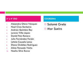 Alejandro Otero Vázquez Noel Cives Barbeira Andrea Quintáns Rey Lorena Trillo López Daniel Pais Romero Julio Fernández Forján Leticia Couselo Lema Diana Ordóñez Rodríguez Alicia Pensado Vieito Noelia Silva Barca Salomé Grela Mar Sueiro 3º e 4º ESO COORDINA 