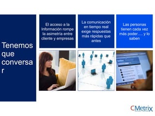Tenemos
que
conversa
r
El acceso a la
Información rompe
la asimetría entre
cliente y empresas
La comunicación
en tiempo real
exige respuestas
más rápidas que
antes
Las personas
tienen cada vez
más poder…. y lo
saben
 