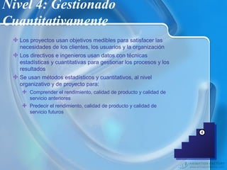 Nivel 4: Gestionado
Cuantitativamente
4
Los proyectos usan objetivos medibles para satisfacer las
necesidades de los clientes, los usuarios y la organización
Los directivos e ingenieros usan datos con técnicas
estadísticas y cuantitativas para gestionar los procesos y los
resultados
Se usan métodos estadísticos y cuantitativos, al nivel
organizativo y de proyecto para:
Comprender el rendimiento, calidad de producto y calidad de
servicio anteriores
Predecir el rendimiento, calidad de producto y calidad de
servicio futuros
 