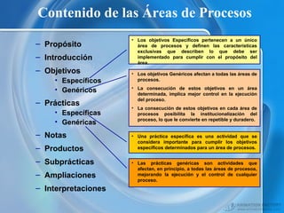 Contenido de las Áreas de Procesos
– Propósito
– Introducción
– Objetivos
• Específicos
• Genéricos
– Prácticas
• Específicas
• Genéricas
– Notas
– Productos
– Subprácticas
– Ampliaciones
– Interpretaciones
• Los objetivos Específicos pertenecen a un único
área de procesos y definen las características
exclusivas que describen lo que debe ser
implementado para cumplir con el propósito del
área.
• Los objetivos Genéricos afectan a todas las áreas de
procesos.
• La consecución de estos objetivos en un área
determinada, implica mejor control en la ejecución
del proceso.
• La consecución de estos objetivos en cada área de
procesos posibilita la institucionalización del
proceso, lo que le convierte en repetible y duradero.
• Una práctica específica es una actividad que se
considera importante para cumplir los objetivos
específicos determinados para un área de procesos.
• Las prácticas genéricas son actividades que
afectan, en principio, a todas las áreas de procesoa,
mejorando la ejecución y el control de cualquier
proceso.
 