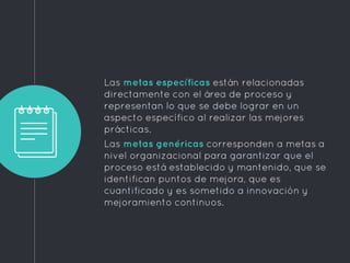 Las metas específicas están relacionadas
directamente con el área de proceso y
representan lo que se debe lograr en un
aspecto específico al realizar las mejores
prácticas.
Las metas genéricas corresponden a metas a
nivel organizacional para garantizar que el
proceso está establecido y mantenido, que se
identifican puntos de mejora, que es
cuantificado y es sometido a innovación y
mejoramiento continuos.
 