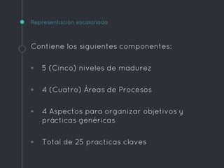 Representación escalonada
Contiene los siguientes componentes:
◦ 5 (Cinco) niveles de madurez
◦ 4 (Cuatro) Áreas de Procesos
◦ 4 Aspectos para organizar objetivos y
prácticas genéricas
◦ Total de 25 practicas claves
 