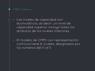 CMMI Continuo
◦ Los niveles de capacidad son
acumulativos, es decir, un nivel de
capacidad superior incluye todos los
atributos de los niveles inferiores
◦ El modelo de CMMI con representación
continua tiene 6 niveles, designados por
los números del 0 al 5
 