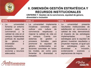ll. DIMENSIÓN GESTIÓN ESTRATÉGICA Y
RECURSOS INSTITUCIONALES
CRITERIO 7: Gestión de la convivencia, equidad de género,
diversidad e inclusión
NIVEL 1 NIVEL 2 NIVEL 3
• La universidad
fomenta un entorno
propicio para la
convivencia y la
calidad de vida en el
campus. Implementa
políticas de equidad
de género y
diversidad e
inclusión,
respaldadas por
acciones y recursos
adecuados.
• La universidad implementa
iniciativas concretas para
cultivar una cultura de
convivencia respetuosa y
mejorar la calidad de vida en
el campus. Cuenta con
sistemas de gestión y
procesos formales para
promover la equidad de
género, evidenciados en
acciones concretas en todos
los niveles, así como para
fomentar la diversidad e
inclusión.
• La universidad presenta
resultados institucionales de
satisfacción en convivencia y
calidad de vida, demostrando
el impacto de las estrategias
implementadas. Las
estrategias para la equidad de
género muestran resultados y
proyectan mejoras, al igual que
las estrategias para la
diversidad e inclusión,
evidenciando avances y
aspiraciones de mejora.
 