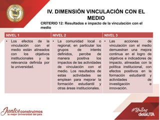 IV. DIMENSIÓN VINCULACIÓN CON EL
MEDIO
CRITERIO 12: Resultados e impacto de la vinculación con el
medio
NIVEL 1 NIVEL 2 NIVEL 3
• Los efectos de la
vinculación con el
medio están alineados
con los objetivos
institucionales y la
relevancia definida por
la universidad.
• La comunidad local o
regional, en particular los
grupos de interés
definidos, percibe de
manera positiva los
impactos de las actividades
de vinculación con el
medio. Los resultados de
estas actividades se
emplean para mejorar la
formación estudiantil y
otras áreas institucionales.
• Las acciones de
vinculación con el medio
demuestran una mejora
continua en el logro de
objetivos e indicadores de
impacto, alineadas con la
política institucional, con
efectos positivos en la
formación estudiantil y
actividades de
investigación e
innovación.
 
