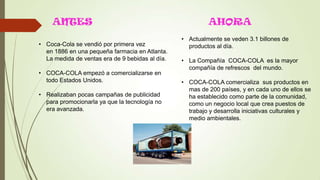 ANTES AHORA
• Coca-Cola se vendió por primera vez
en 1886 en una pequeña farmacia en Atlanta.
La medida de ventas era de 9 bebidas al día.
• COCA-COLA empezó a comercializarse en
todo Estados Unidos.
• Realizaban pocas campañas de publicidad
para promocionarla ya que la tecnología no
era avanzada.
• Actualmente se veden 3.1 billones de
productos al día.
• La Compañía COCA-COLA es la mayor
compañía de refrescos del mundo.
• COCA-COLA comercializa sus productos en
mas de 200 países, y en cada uno de ellos se
ha establecido como parte de la comunidad,
como un negocio local que crea puestos de
trabajo y desarrolla iniciativas culturales y
medio ambientales.
 