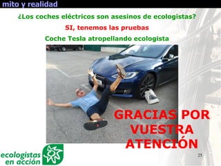 25
mito y realidad
¿Los coches eléctricos son asesinos de ecologistas?
SI, tenemos las pruebas
Coche Tesla atropellando ecologista
GRACIAS POR
VUESTRA
ATENCIÓN
 