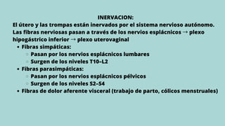 Fibras simpáticas:
Pasan por los nervios esplácnicos lumbares
Surgen de los niveles T10–L2
Fibras parasimpáticas:
Pasan por los nervios esplácnicos pélvicos
Surgen de los niveles S2–S4
Fibras de dolor aferente visceral (trabajo de parto, cólicos menstruales)
INERVACION:
El útero y las trompas están inervados por el sistema nervioso autónomo.
Las fibras nerviosas pasan a través de los nervios esplácnicos →plexo
hipogástrico inferior →plexo uterovaginal
 