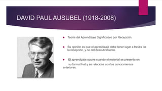 DAVID PAUL AUSUBEL (1918-2008)
 Teoría del Aprendizaje Significativo por Recepción.
 Su opinión es que el aprendizaje debe tener lugar a través de
la recepción, y no del descubrimiento.
 El aprendizaje ocurre cuando el material se presenta en
su forma final y se relaciona con los conocimientos
anteriores.
 