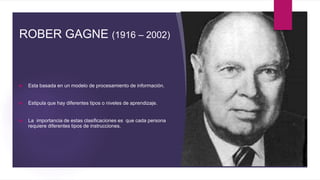 ROBER GAGNE (1916 – 2002)
 Esta basada en un modelo de procesamiento de información.
 Estipula que hay diferentes tipos o niveles de aprendizaje.
 La importancia de estas clasificaciones es que cada persona
requiere diferentes tipos de instrucciones.
 