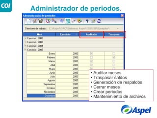 Administrador de periodos.




                 • Auditar meses.
                 • Traspasar saldos
                 • Generación de respaldos
                 • Cerrar meses
                 • Crear periodos
                 • Mantenimiento de archivos
 