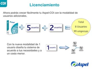 Licenciamiento
Ahora podrás crecer fácilmente tu Aspel-COI con la modalidad de
usuarios adicionales.

                                                                  Total
                                                            8 Usuarios
                                                           99 empresas




   Con la nueva modalidad de 1
   usuario diseña tu sistema de
   acuerdo a tus necesidades y a
   un costo menor.
 