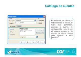 Catálogo de cuentas



    En Atributos, se define: la
    naturaleza de la cuenta, el
    rubro    que    pertenece,
    además la cuenta de
    contrapartida, misma que
    el sistema sugiere en la
    captura de pólizas, dando
    gran agilidad a este
    proceso.
 