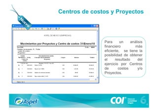 Centros de costos y Proyectos




               Para      un     análisis
               financiero          más
               eficiente, se tiene la
               posibilidad de obtener
               el     resultado     del
               ejercicio por Centros
               de       costos      y/o
               Proyectos.
 