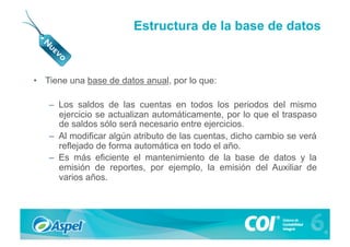 Estructura de la base de datos



•  Tiene una base de datos anual, por lo que:

   –  Los saldos de las cuentas en todos los periodos del mismo
      ejercicio se actualizan automáticamente, por lo que el traspaso
      de saldos sólo será necesario entre ejercicios.
   –  Al modificar algún atributo de las cuentas, dicho cambio se verá
      reflejado de forma automática en todo el año.
   –  Es más eficiente el mantenimiento de la base de datos y la
      emisión de reportes, por ejemplo, la emisión del Auxiliar de
      varios años.
 