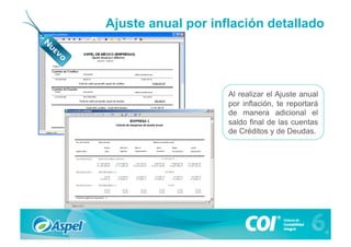 Ajuste anual por inflación detallado




                    Al realizar el Ajuste anual
                    por inflación, te reportará
                    de manera adicional el
                    saldo final de las cuentas
                    de Créditos y de Deudas.
 