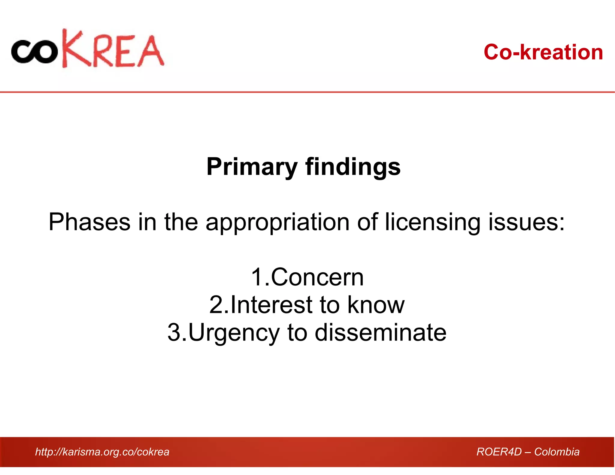 http://karisma.org.co/cokrea ROER4D – Colombia
Co-kreation
Primary findings
Phases in the appropriation of licensing issues:
1.Concern
2.Interest to know
3.Urgency to disseminate
 