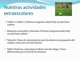 Nuestras actividades
extraescolares
 Fútbol 11 y fútbol 7: Distintas categorías, desde baby escuela hasta
  cadetes.

 Baloncesto masculino y femenino: Distintas categorías desde baby
  escuela hasta cadetes.

 Natación: Clases de matronatación para los alumnos más pequeños del
  colegio y clases por nivel del alumno.

 Pádel: Desde los 4 años hasta el último año del colegio. Clases
  diferenciadas por el nivel de los alumnos.
 